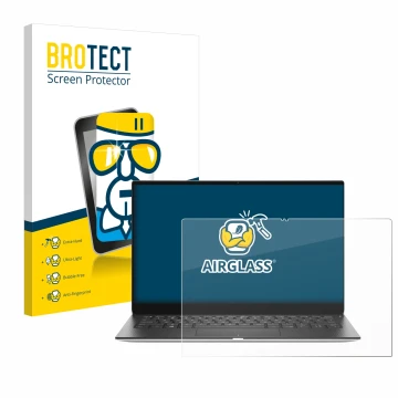 Front side of a product packaging with the brand logo BROTECT. Next to it is the device Dell XPS 13 9310 2-in-1 shown with the