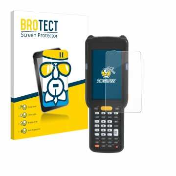 Front side of a product packaging with the brand logo BROTECT. Next to it is the device Zebra MC330L shown with the correspond