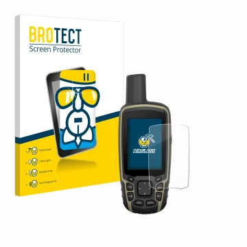 Front side of a product packaging with the brand logo BROTECT. Next to it is the device Garmin GPSMAP 65 shown with the corres