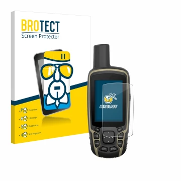 Front side of a product packaging with the brand logo BROTECT. Next to it is the device Garmin GPSMAP 65s shown with the corre