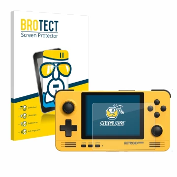 Front side of a product packaging with the brand logo BROTECT. Next to it is the device Retroid Pocket 2 shown with the corres