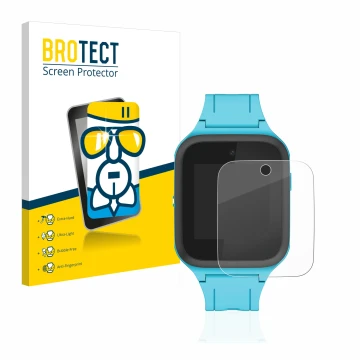 Front side of a product packaging with the brand logo BROTECT. Next to it is the device TCL Movetime FamilyWatch Kids MT40X sh
