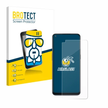 Front side of a product packaging with the brand logo BROTECT. Next to it is the device OnePlus Nord N10 5G shown with the cor