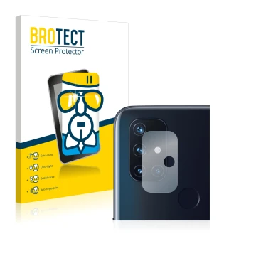 Front side of a product packaging with the brand logo BROTECT. Next to it is the device OnePlus Nord N10 5G (ONLY Camera Lens)