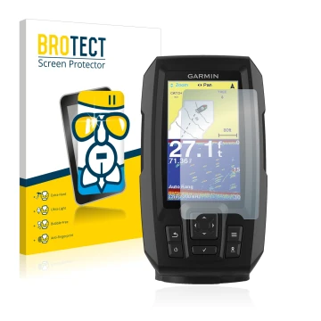 Front side of a product packaging with the brand logo BROTECT. Next to it is the device Garmin Striker Vivid 4cv shown with th