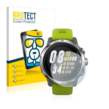 Front side of a product packaging with the brand logo BROTECT. Next to it is the device Coros Apex Pro shown with the correspo