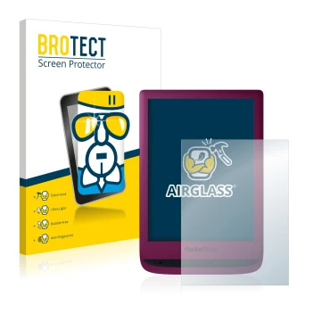 Front side of a product packaging with the brand logo BROTECT. Next to it is the device PocketBook Touch Lux 5 shown with the 