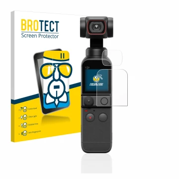 Front side of a product packaging with the brand logo BROTECT. Next to it is the device DJI Osmo Pocket 2 (Display + Lens) sho