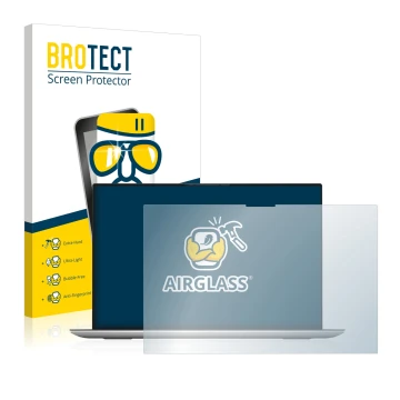 Front side of a product packaging with the brand logo BROTECT. Next to it is the device Dell XPS 17 9700 touch shown with the 