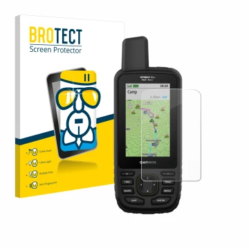 Front side of a product packaging with the brand logo BROTECT. Next to it is the device Garmin GPSMAP 66sr shown with the corr