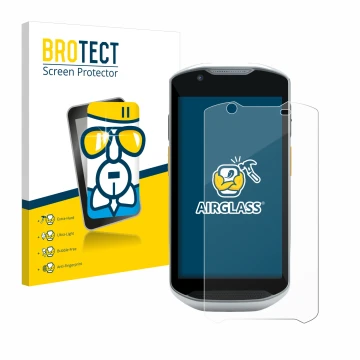 Front side of a product packaging with the brand logo BROTECT. Next to it is the device Zebra TC57x shown with the correspondi