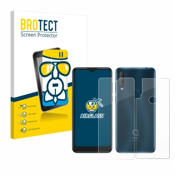 Front side of a product packaging with the brand logo BROTECT. Next to it is the device Alcatel 1S 2020 (Front+Back) shown wit