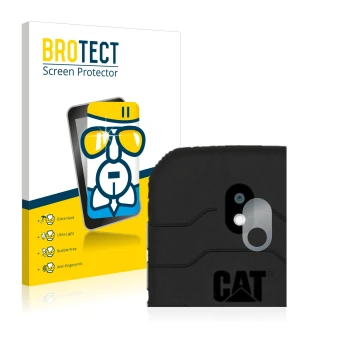 Front side of a product packaging with the brand logo BROTECT. Next to it is the device Caterpillar Cat S42 (ONLY Camera Lens)