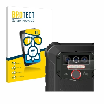 Front side of a product packaging with the brand logo BROTECT. Next to it is the device Oukitel WP5 (ONLY Camera Lens) shown w