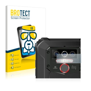 Front side of a product packaging with the brand logo BROTECT. Next to it is the device Oukitel WP5 Pro (ONLY Camera Lens) sho