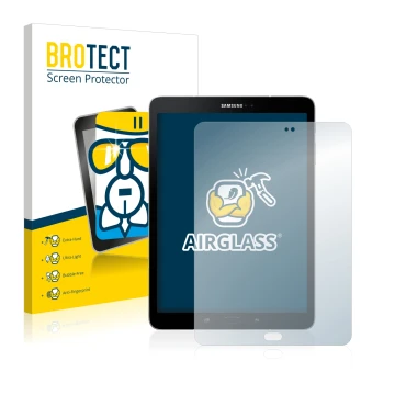 Front side of a product packaging with the brand logo BROTECT. Next to it is the device Samsung Galaxy Tab S3 shown with the c