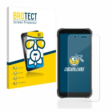 Front side of a product packaging with the brand logo BROTECT. Next to it is the device Blackview BV4900 Pro shown with the co