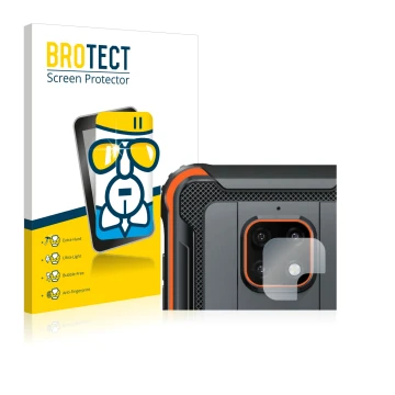 Front side of a product packaging with the brand logo BROTECT. Next to it is the device Blackview BV4900 Pro (ONLY Camera Lens