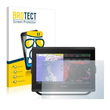 Front side of a product packaging with the brand logo BROTECT. Next to it is the device Garmin GPSMAP 8412xsv shown with the c