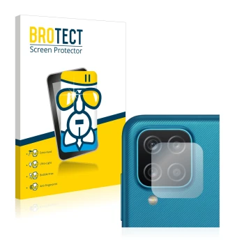 Front side of a product packaging with the brand logo BROTECT. Next to it is the device Samsung Galaxy A12 (ONLY Camera Lens) 
