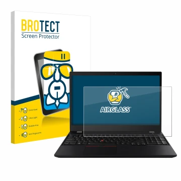 Front side of a product packaging with the brand logo BROTECT. Next to it is the device Lenovo ThinkPad T15 shown with the cor