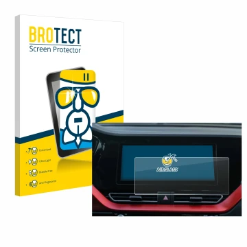 Front side of a product packaging with the brand logo BROTECT. Next to it is the device Kia E-Niro 2020 Infotainment System sh