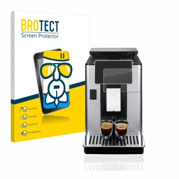 Front side of a product packaging with the brand logo BROTECT. Next to it is the device DeLonghi PrimaDonna Soul ECAM610.75.MB