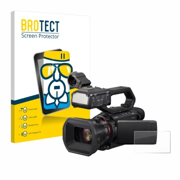 Front side of a product packaging with the brand logo BROTECT. Next to it is the device Panasonic HC-X1500 shown with the corr