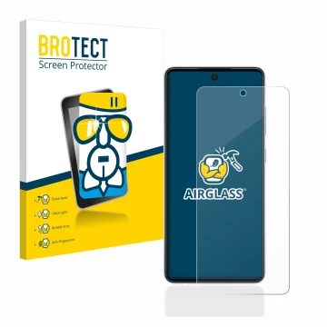 Front side of a product packaging with the brand logo BROTECT. Next to it is the device Samsung Galaxy A52 5G shown with the c