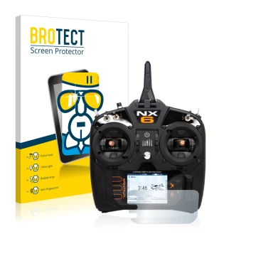 Front side of a product packaging with the brand logo BROTECT. Next to it is the device Spektrum NX6 shown with the correspond