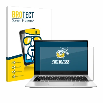 Front side of a product packaging with the brand logo BROTECT. Next to it is the device HP EliteBook x360 830 G8 shown with th