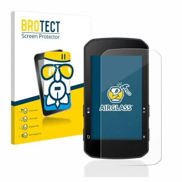 Front side of a product packaging with the brand logo BROTECT. Next to it is the device Bryton Rider 750 shown with the corres