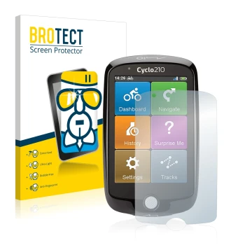 Front side of a product packaging with the brand logo BROTECT. Next to it is the device Mio Cyclo 210 shown with the correspon