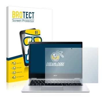 Front side of a product packaging with the brand logo BROTECT. Next to it is the device Acer Spin 3 SP314-54N shown with the c