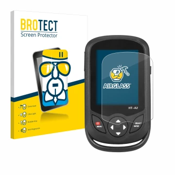 Front side of a product packaging with the brand logo BROTECT. Next to it is the device Hti HT A2 shown with the corresponding