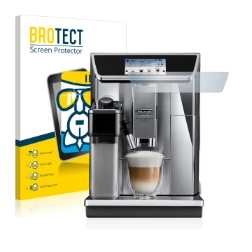 Front side of a product packaging with the brand logo BROTECT. Next to it is the device DeLonghi PrimaDonna Elite Experience E