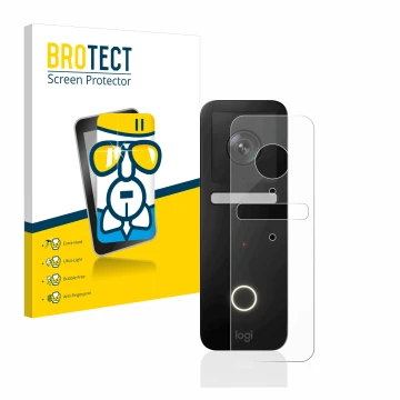 Front side of a product packaging with the brand logo BROTECT. Next to it is the device Logitech Circle View Doorbell shown wi