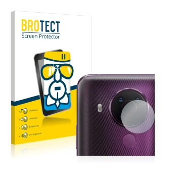 Front side of a product packaging with the brand logo BROTECT. Next to it is the device Nokia 5.4 (ONLY Camera Lens) shown wit