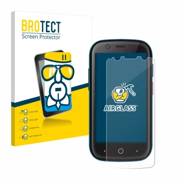 Front side of a product packaging with the brand logo BROTECT. Next to it is the device Unihertz Jelly 2 shown with the corres