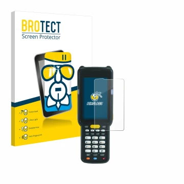 Front side of a product packaging with the brand logo BROTECT. Next to it is the device Zebra MC3300X shown with the correspon