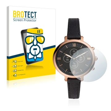 Front side of a product packaging with the brand logo BROTECT. Next to it is the device Fossil Monroe Hybrid HR shown with the