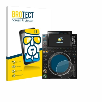 Front side of a product packaging with the brand logo BROTECT. Next to it is the device Pioneer CDJ 3000 (circle) shown with t