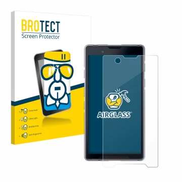Front side of a product packaging with the brand logo BROTECT. Next to it is the device Bittium Tough Mobile 2 shown with the 