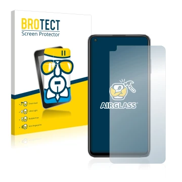 Front side of a product packaging with the brand logo BROTECT. Next to it is the device Xiaomi Redmi Note 9T 5G shown with the