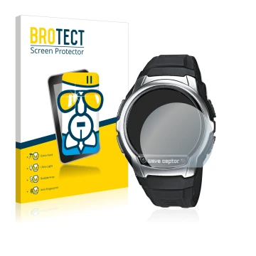 Front side of a product packaging with the brand logo BROTECT. Next to it is the device Casio Wave Ceptor WV-58 shown with the