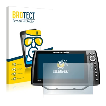 Front side of a product packaging with the brand logo BROTECT. Next to it is the device Humminbird Helix 9 CHIRP MSI+ GPS G4N 