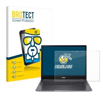 Front side of a product packaging with the brand logo BROTECT. Next to it is the device Acer Chromebook Spin 713 shown with th