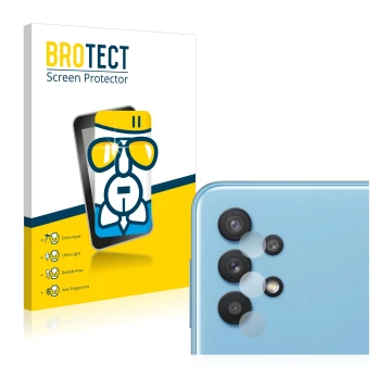 Front side of a product packaging with the brand logo BROTECT. Next to it is the device Samsung Galaxy A32 5G (ONLY Camera Len