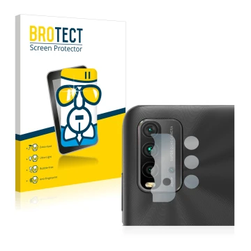 Front side of a product packaging with the brand logo BROTECT. Next to it is the device Xiaomi Redmi 9T (ONLY Camera Lens) sho