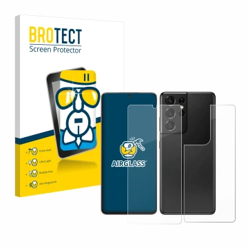 Front side of a product packaging with the brand logo BROTECT. Next to it is the device Samsung Galaxy S21 Ultra 5G (Front+Bac
